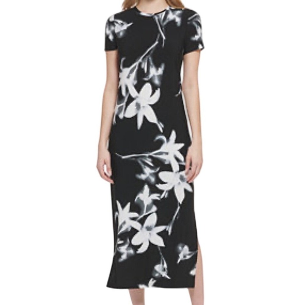 Calvin Klein Floral Maxi Dress Women‎ 2X Black White Short Sleeve Slit Relaxed